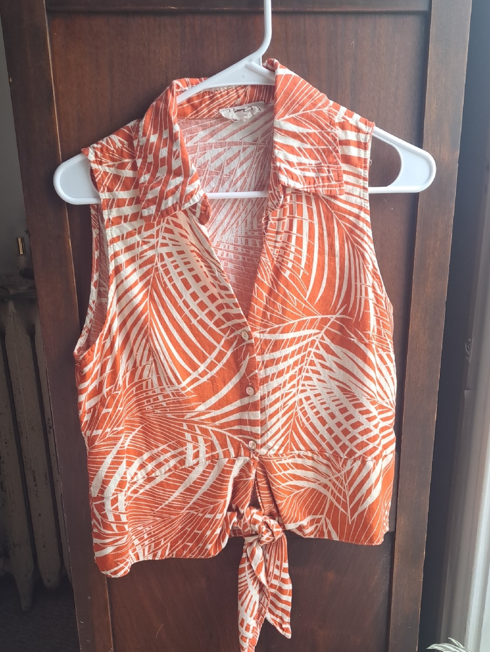 Panama Jack Size L Sleeveless Orange Palm-Print Tie-Front Top